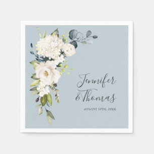 White Roses and Hydrangeas on Blue Floral Wedding Napkin