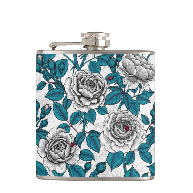 White roses and ladybugs hip flask (Front)