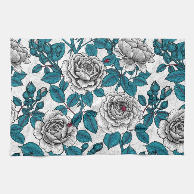 White roses and ladybugs tea towel (Horizontal)