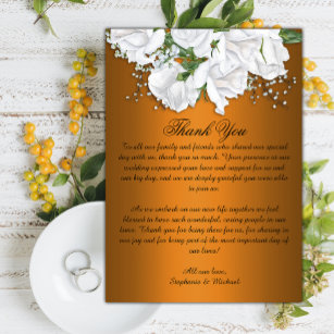 White Roses and Metallic Orange Wedding   Thank You Card