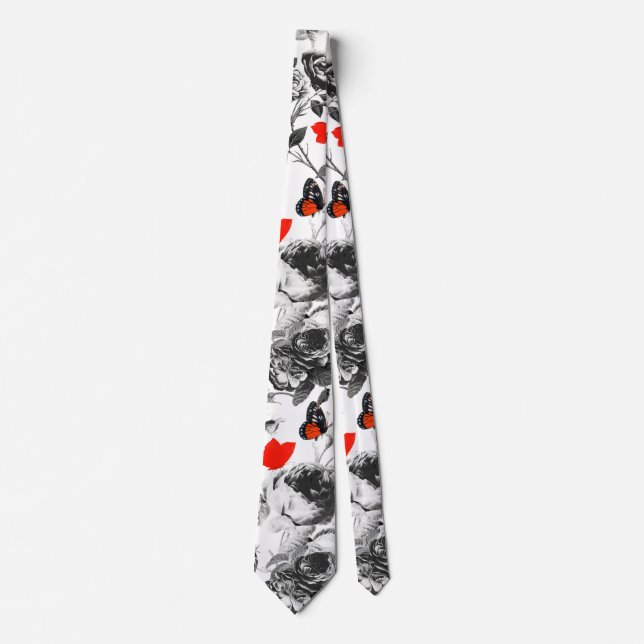WHITE ROSES AND RED BUTTERFLIES Grey Neck Tie (Front)