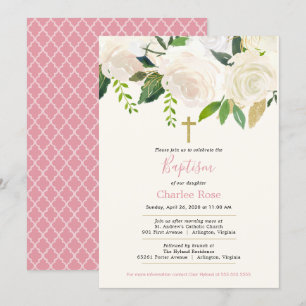 White Roses Baby Baptism and Brunch Pink & Green Invitation