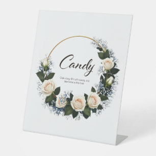 White Roses & Baby’s Breath Candy Pedestal Sign