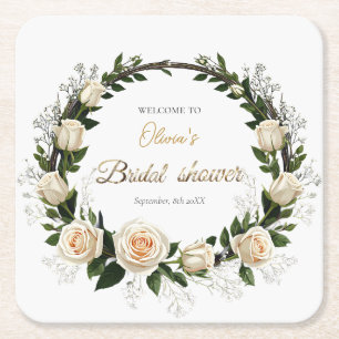 White Roses & Baby’s Breath Favours Square Paper Coaster