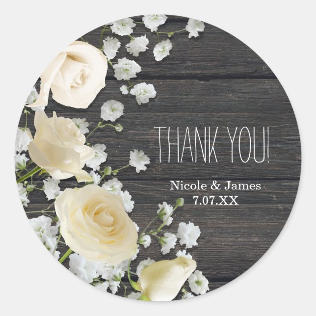 White Roses & Baby's Breath on Wood Bridal Shower Classic Round Sticker (Front)