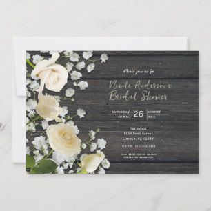 White Roses & Baby's Breath on Wood Bridal Shower Invitation
