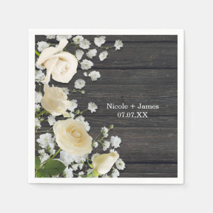 White Roses & Baby's Breath on Wood Bridal Shower Napkin