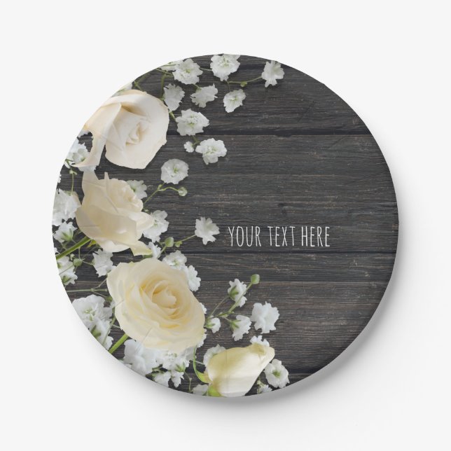 White Roses & Baby's Breath on Wood Bridal Shower Paper Plate (Front)