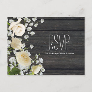 White Roses & Baby's Breath on Wood RSVP Invitation Postcard