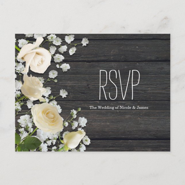 White Roses & Baby's Breath on Wood RSVP Invitation Postcard (Front)