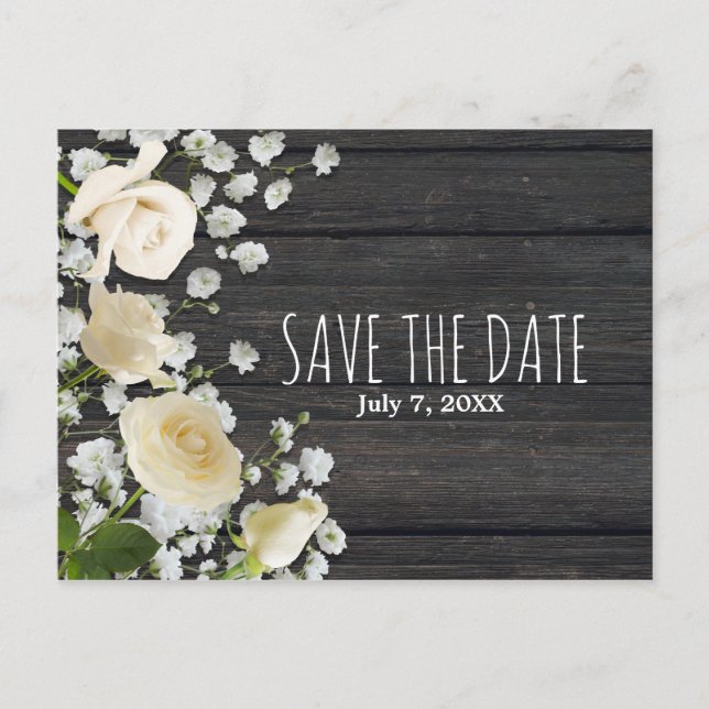 White Roses & Baby's Breath on Wood Save The Date Announcement Postcard (Front)