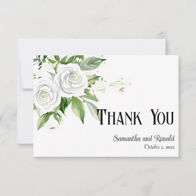 White Roses & Baby's Breath Wedding Thank You Card (Front)