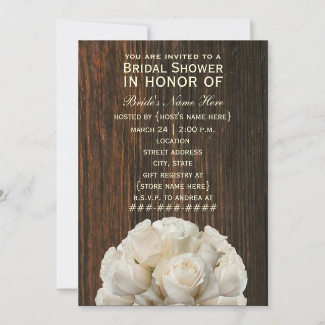 White Roses & Barnwood Rustic Bridal Shower Invite (Front)