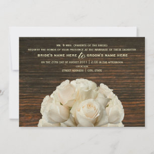 White Roses & Barnwood Rustic Wedding Invitation