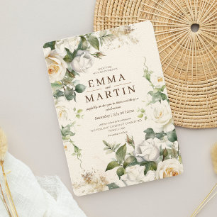 White Roses Beige Elegant Flower Wedding Invitation