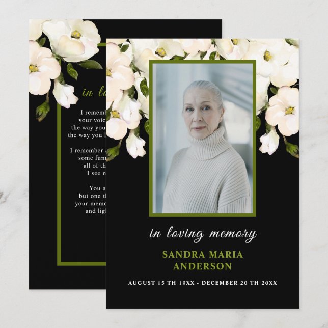 White Roses Black Photo Funeral Memorial Poem Card (Front/Back)