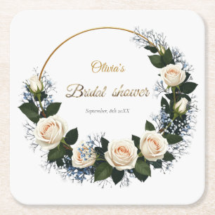 White Roses & Blue Baby’s Breath  Square Paper Coaster