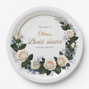 White Roses & Blue Baby’s Breath Welcome Paper Plate
