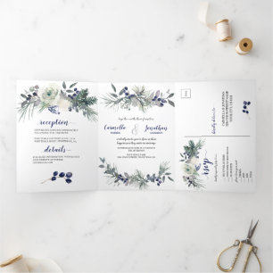 White Roses, Blue Berries, Pine Needles Wedding   Tri-Fold Invitation