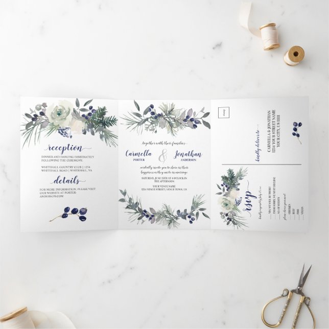 White Roses, Blue Berries, Pine Needles Wedding | Tri-Fold Invitation (Inside)