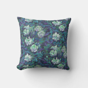"White roses, blue leaves", nostalgic floral print Cushion
