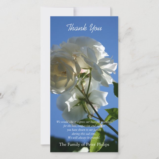 White Roses Blue Sky Sympathy Thank You Photo Card (Front)