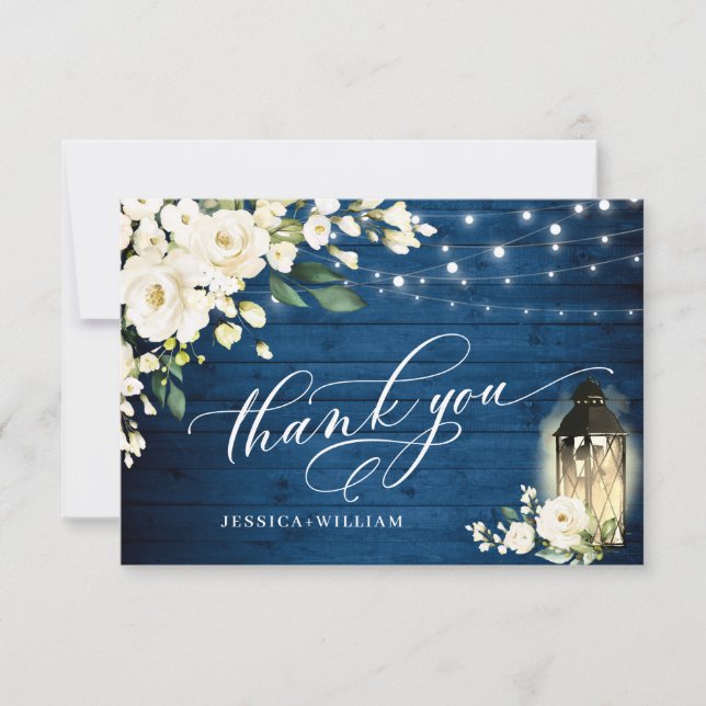 White Roses Blue Wood Lantern Boho Wedding Thank You Card (Front)