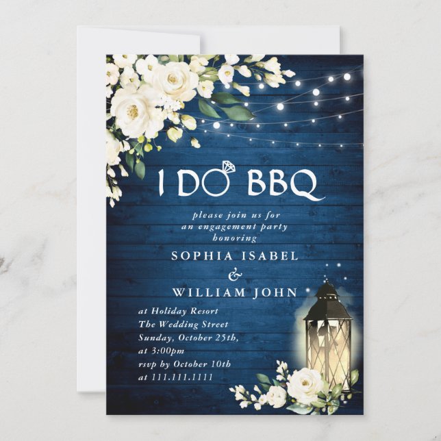 White Roses Blue Wood Lantern ENGAGEMENT PARTY Invitation (Front)