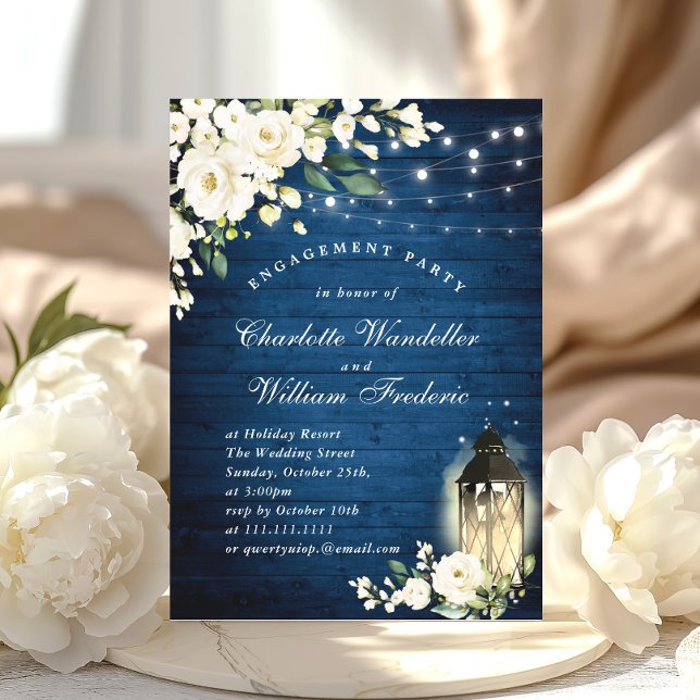 White Roses Blue Wood Lantern ENGAGEMENT PARTY Invitation (Creator Uploaded)