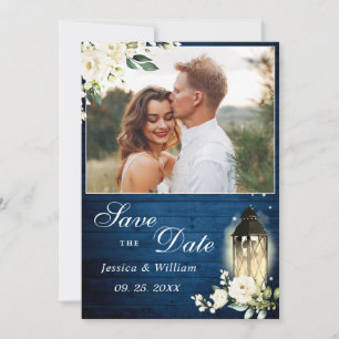 White Roses Blue Wood Lantern Photo Wedding Save The Date