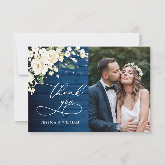 White Roses Blue Wood Lantern Photo Wedding Thank You Card (Front)