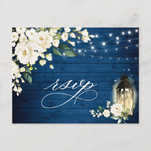 White Roses Blue Wood Lantern RSVP Meal Choice Postcard
