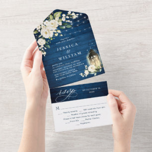 White Roses Blue Wood Lantern Wedding All In One Invitation