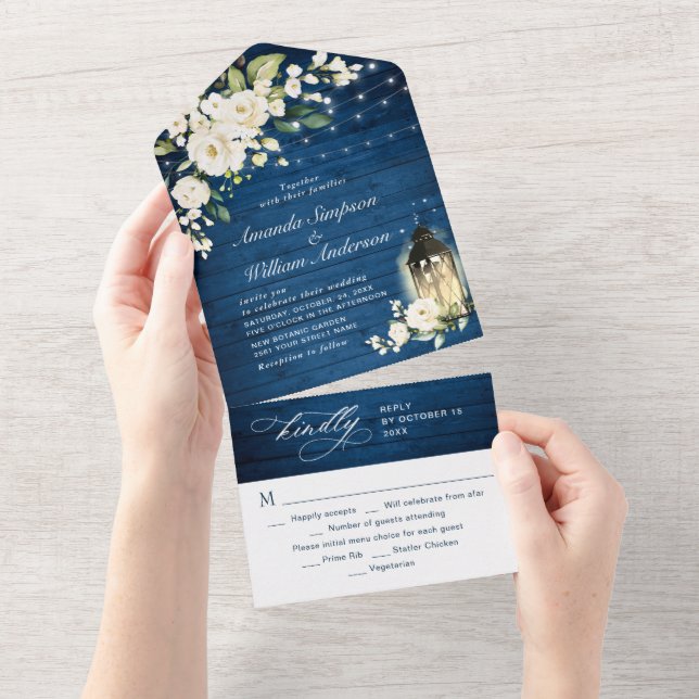 White Roses Blue Wood Lantern Wedding All In One Invitation (Tearaway)