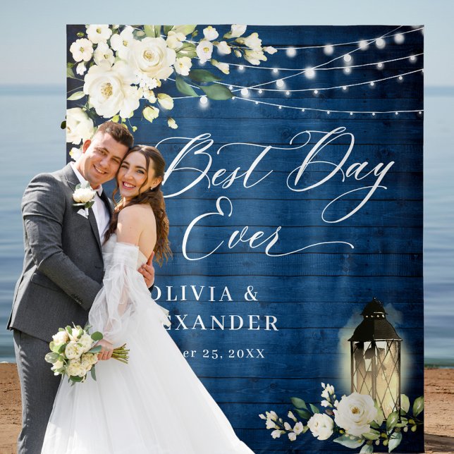 White Roses Blue Wood Lantern Wedding Backdrop Tapestry (Creator Uploaded)