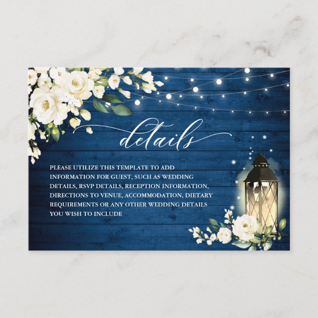White Roses Blue Wood Lantern Wedding Details Enclosure Card (Front)