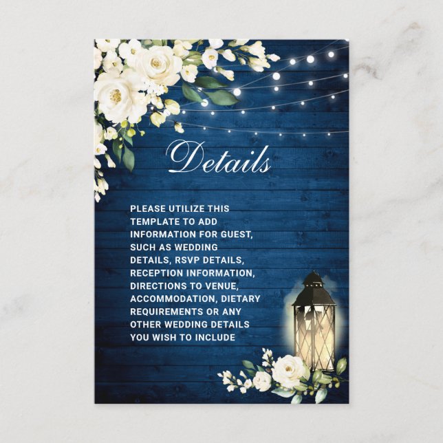White Roses Blue Wood Lantern Wedding Details Enclosure Card (Front)