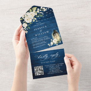 White Roses Blue Wood Lantern Wedding QR code All In One Invitation