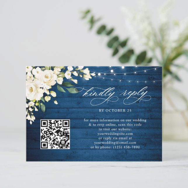 White Roses Blue Wood Lantern Wedding QR code RSVP Card (Standing Front)