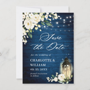 White Roses Blue Wood Lantern Wedding QR code Save The Date