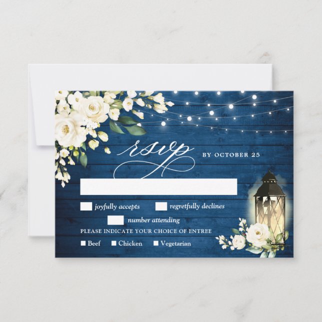 White Roses Blue Wood Lantern Wedding RSVP Card (Front)
