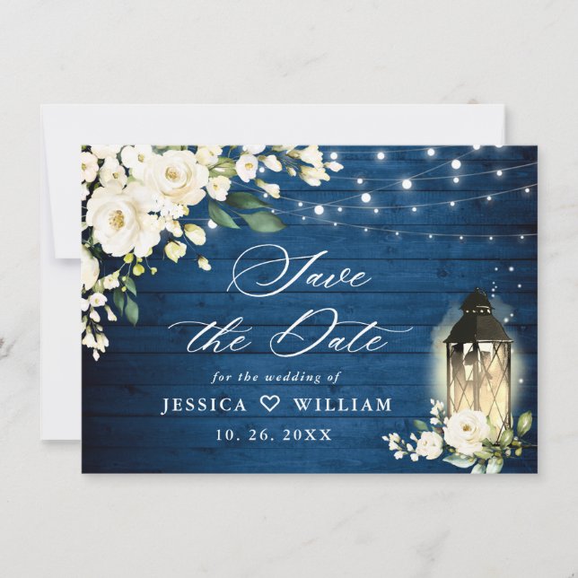 White Roses Blue Wood Lantern Wedding Save The Date (Front)
