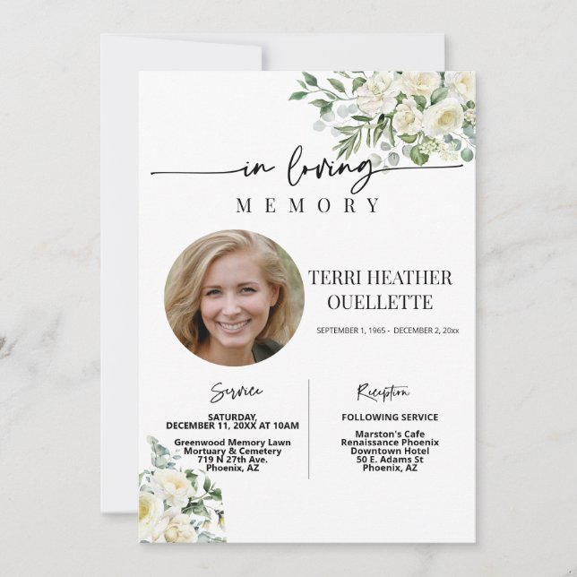 White Roses Boho Funeral Memorial Service Photo Invitation (Front)