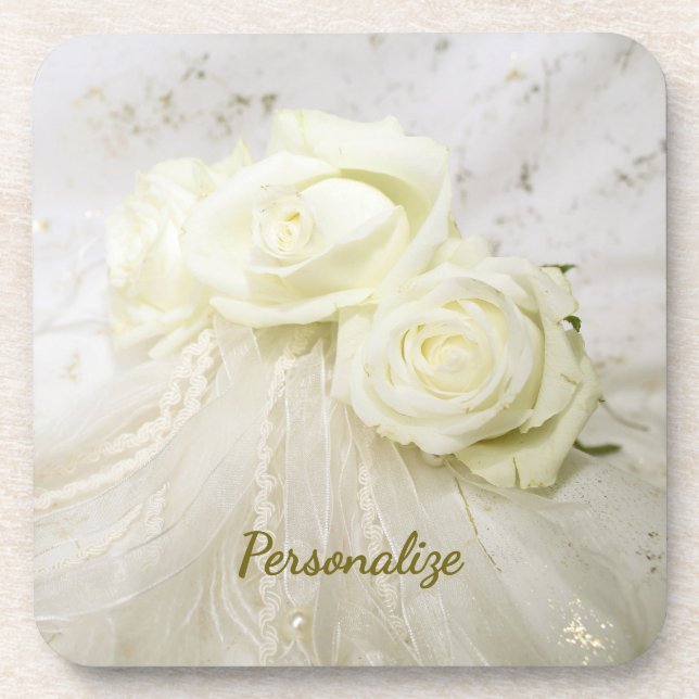 White Roses Bouquet Vintage Lace Veil Personalise Coaster (Front)