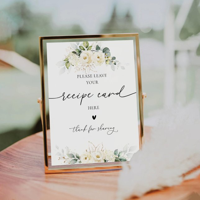 White Roses Bridal Shower Recipe Card Sign (Creator Uploaded)