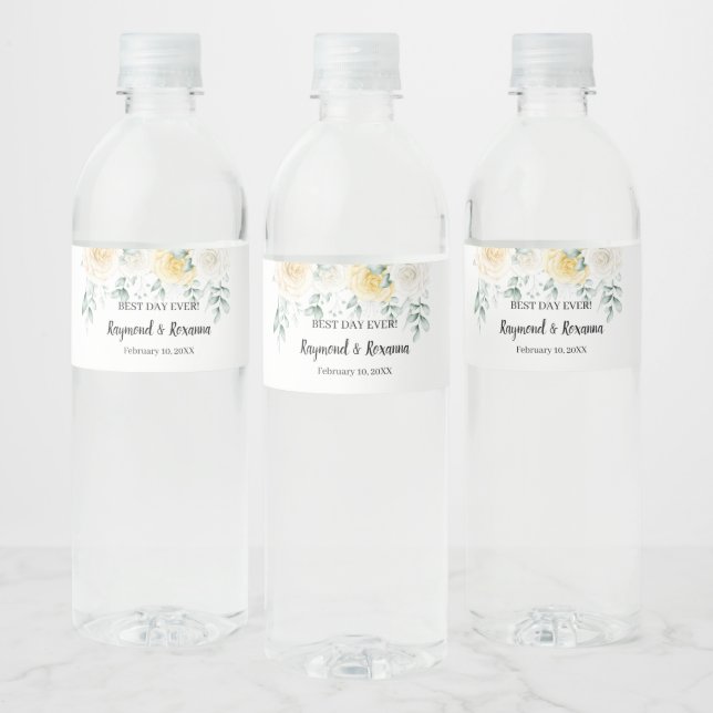 White Roses Bridal Shower Wedding Water Bottle Water Bottle Label (Bottles)