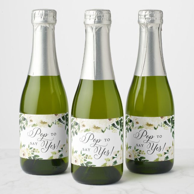 White Roses Bridesmaid Proposal Pop To Say Yes Sparkling Wine Label (Bottles)