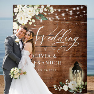 White Roses Brown Wood Wedding Backdrop Tapestry