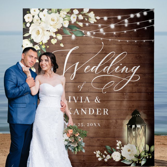 White Roses Brown Wood Wedding Backdrop Tapestry (Creator Uploaded)