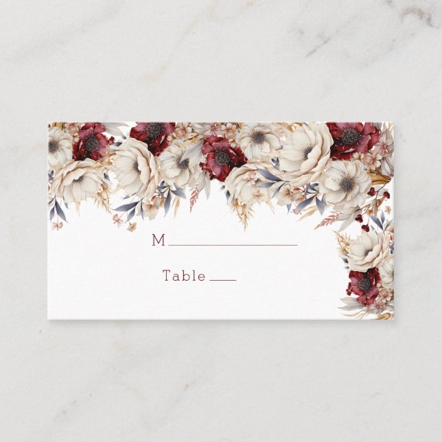 White Roses Burgundy Poppies Wedding Place Card (Front)